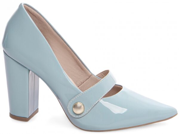 Sapato Scarpin Salto Alto Verniz Azul Tira com Aplique Lateral na Cor Dourado