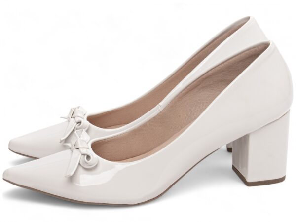 Sapato Scarpin Salto Alto Verniz Branco  Laço Confortável Elegante - Imagem 3