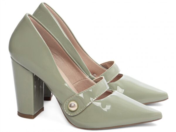 Sapato Scarpin Salto Alto Verniz Verde Tira com Aplique Lateral na Cor Dourado - Imagem 4