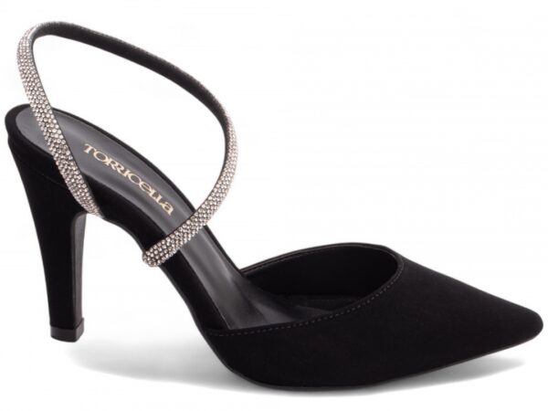 Sapato Scarpin Salto Alto Nobuck Preto Manta de Strass na cor Prata