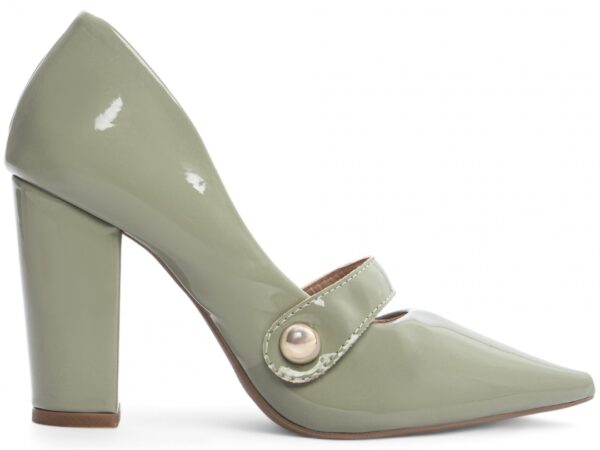 Sapato Scarpin Salto Alto Verniz Verde Tira com Aplique Lateral na Cor Dourado - Imagem 5