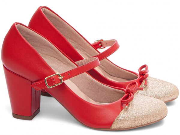 Sapato Boneca Mary Jane Vermelho e Glitter Ouro Light Laço - Imagem 4