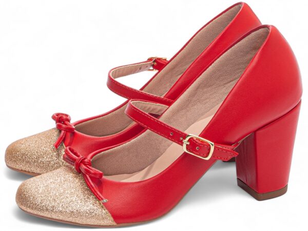 Sapato Boneca Mary Jane Vermelho e Glitter Ouro Light Laço - Imagem 3