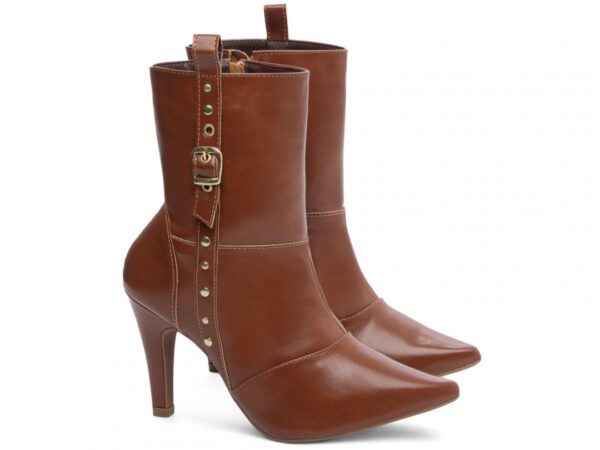 Bota Feminina Caramelo Elegante com Fivela  com Salto Conforto Estilosa - Imagem 5