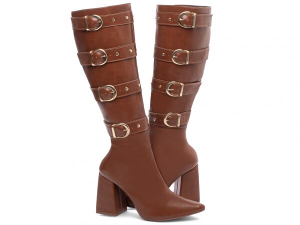 Bota Feminina Caramelo Elegante com Fivela com Salto Conforto Estilosa - Imagem 3