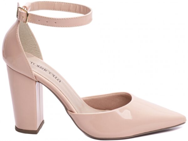 Sapato Scarpin Salto Alto Verniz Rose Fivela de Ajuste na Cor Dourado