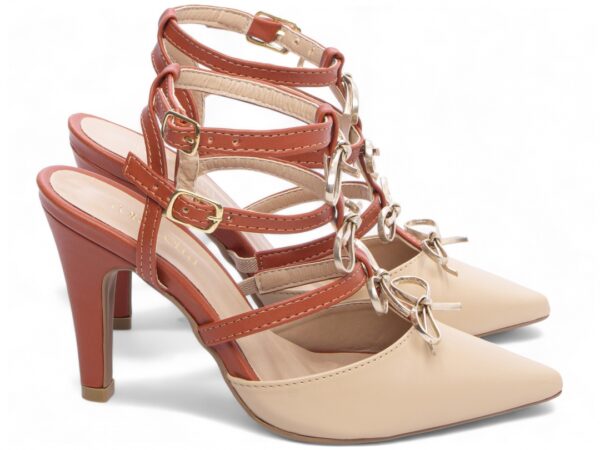 Sapato Scarpin Salto Alto Bege Caramelo Metalizado Specchio Ouro Light Laços - Imagem 4