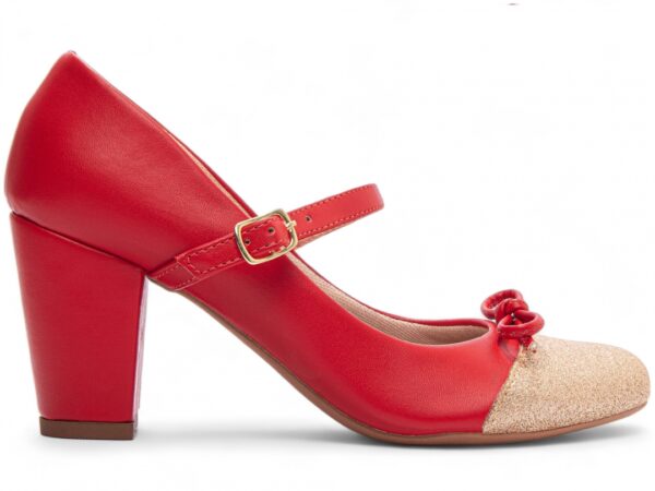 Sapato Boneca Mary Jane Vermelho e Glitter Ouro Light Laço - Imagem 5