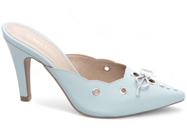 Sapato Scarpin Salto Alto Mule Azul Laço na Cor Prata e Apliques