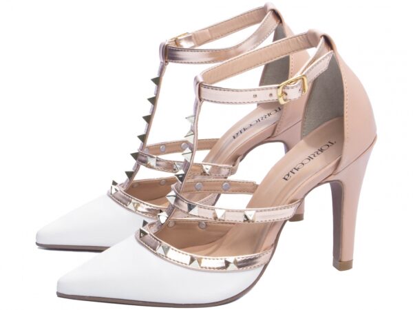 Sapato Scarpin Salto Alto Rose Branco Cobre Piramide Dourado - Imagem 3