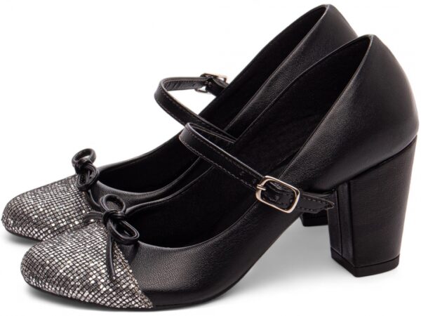 Sapato Boneca Mary Jane Preto e Glitter Prata Laço e Fivela de ajuste - Imagem 3