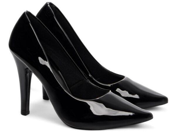 Sapato Scarpin Alto Elegante Verniz Arrasadora Preto Salto Fino - Imagem 4