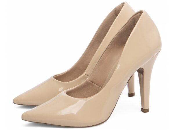 Sapato Scarpin Alto Verniz Arrasadora Nude Bege Salto Fino - Imagem 3