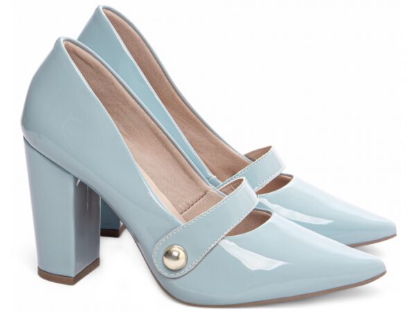 Sapato Scarpin Salto Alto Verniz Azul Tira com Aplique Lateral na Cor Dourado - Imagem 4
