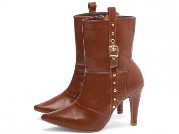Bota Feminina Caramelo Elegante com Fivela  com Salto Conforto Estilosa - Imagem 6