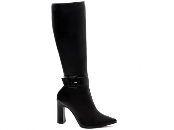 Bota Bico Fino Cano Longo Preta Elegante com Salto Conforto