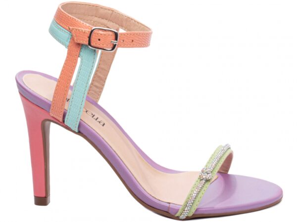 Sandália Feminina Salto Cor Multicolorida Roxa com Ajuste