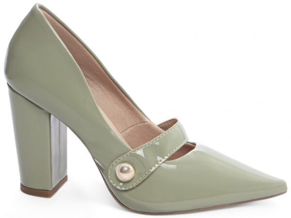 Sapato Scarpin Salto Alto Verniz Verde Tira com Aplique Lateral na Cor Dourado