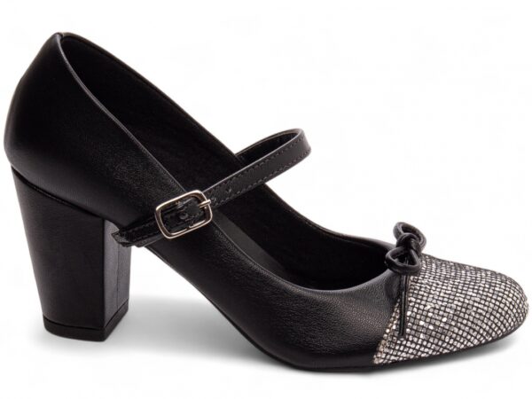Sapato Boneca Mary Jane Preto e Glitter Prata Laço e Fivela de ajuste