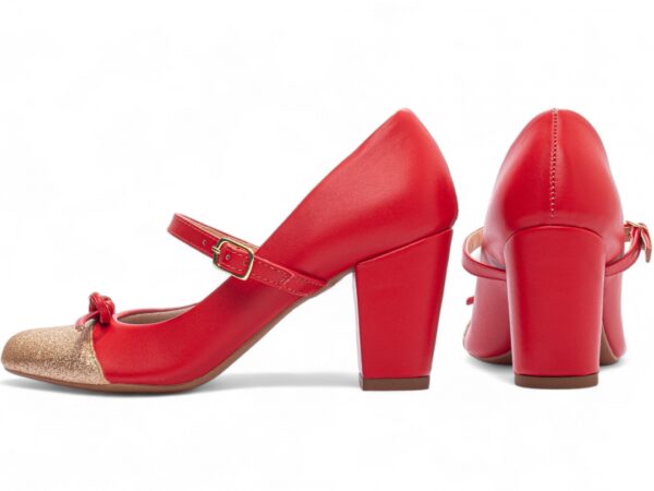 Sapato Boneca Mary Jane Vermelho e Glitter Ouro Light Laço - Imagem 2