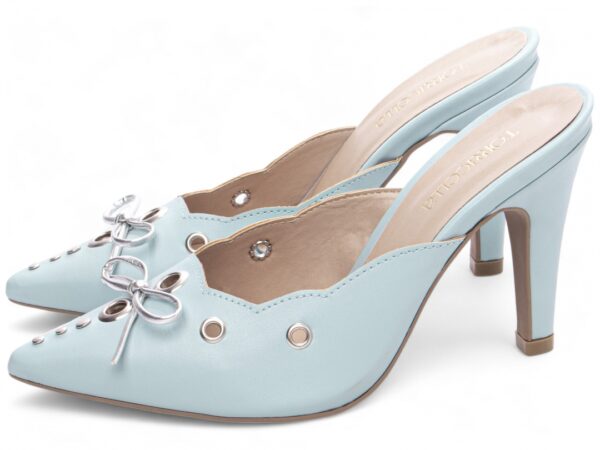 Sapato Scarpin Salto Alto Mule Azul Laço na Cor Prata e Apliques - Imagem 3