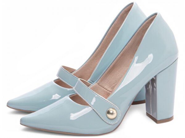 Sapato Scarpin Salto Alto Verniz Azul Tira com Aplique Lateral na Cor Dourado - Imagem 3