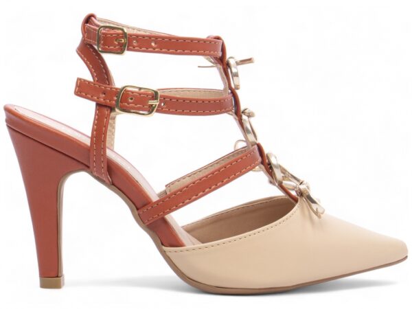 Sapato Scarpin Salto Alto Bege Caramelo Metalizado Specchio Ouro Light Laços - Imagem 5