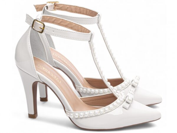 Sapato  Scarpin Feminino Branco Salto Alto Pérolas -66058G - Imagem 4