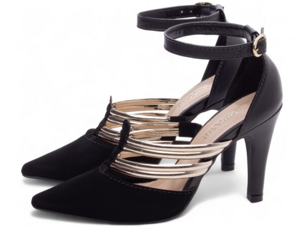 Sapato Scarpin Preto Nobuck Metalizado Salto- 66082B - Imagem 3