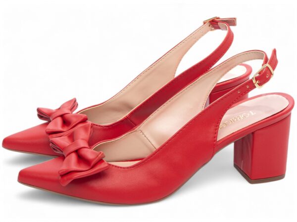 Sapato Scarpin Salto Alto Vermelho Laço Fivela de Ajuste Cor Dourado - Imagem 3