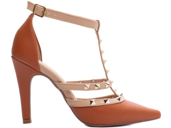 Sapato Scarpin Salto Alto Caramelo e Bege Piramide Dourado - Imagem 5