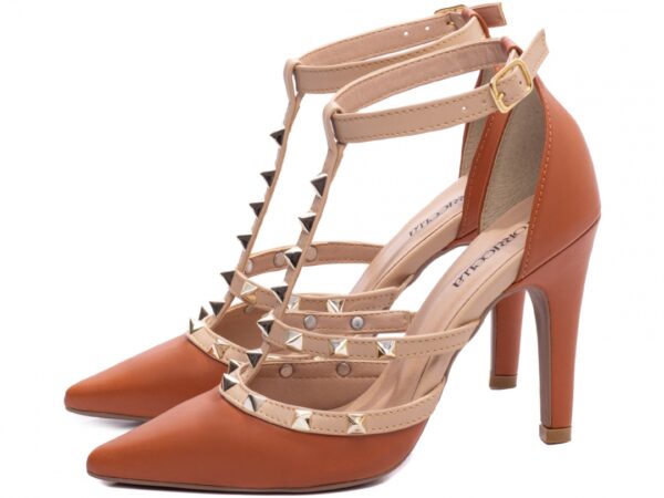 Sapato Scarpin Salto Alto Caramelo e Bege Piramide Dourado - Imagem 3