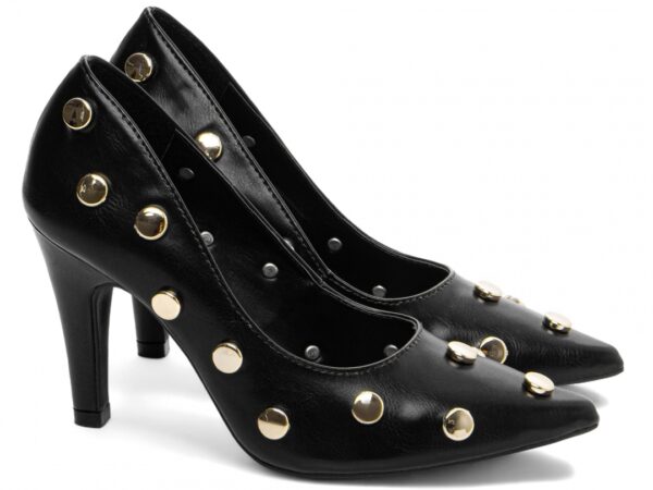 Sapato Scarpin Preto Dourado Salto Alto Elegante - Imagem 4