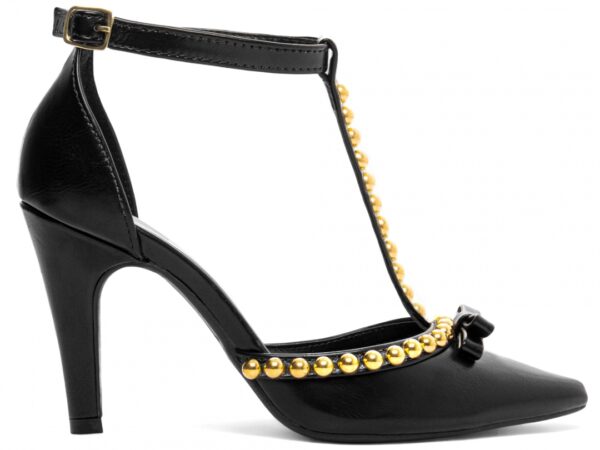 Sapato Scarpin Preto Detalhes Dourado Salto Alto - Imagem 5