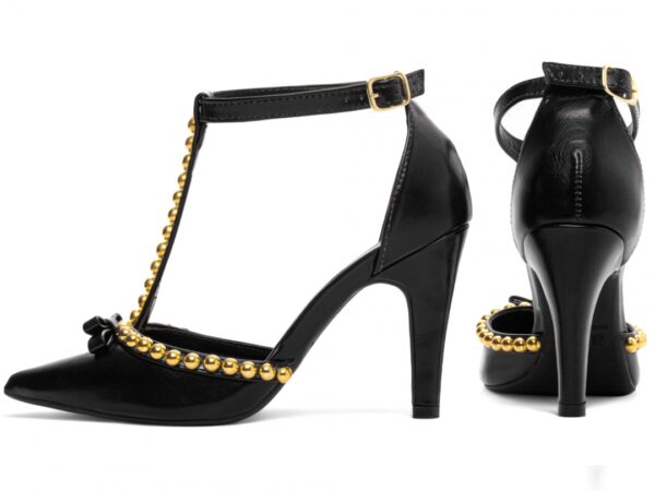 Sapato Scarpin Preto Detalhes Dourado Salto Alto - Imagem 2