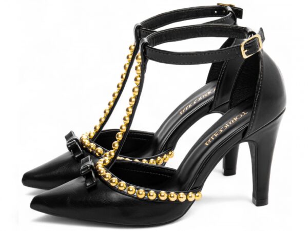 Sapato Scarpin Preto Detalhes Dourado Salto Alto - Imagem 3
