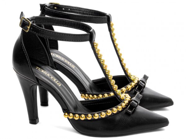 Sapato Scarpin Preto Detalhes Dourado Salto Alto - Imagem 4